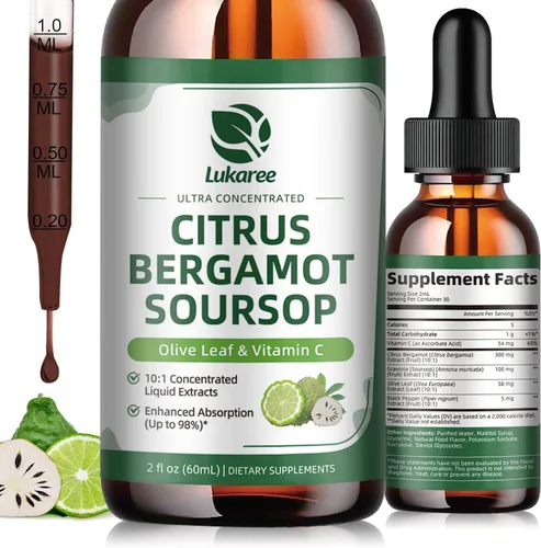 Gotas líquidas de bergamota cítrica + guanábana con hoja de olivo, vitamina C, pimienta negra para una mayor absorción, suplemento de bienestar