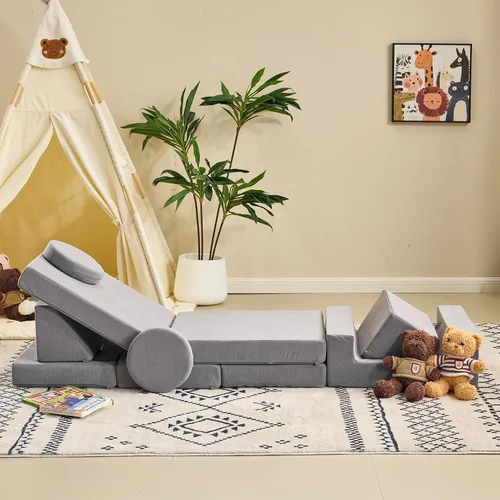 Miniatura 8 de Karl home Sofá infantil de 14 piezas, sofá modular para niños, sofá multifuncional de espuma para niños, escalada y relajación, sofá convertible gris