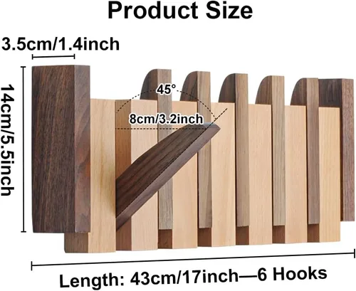 Miniatura 4 de Perchero de Pared de Madera, Perchero de Pared de Madera con 6 Ganchos Magnéticos Abatibles Piano Perchero de Pared para Entrada, Baño, Dormitorio