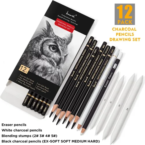 Miniatura 2 de Set de Dibujo de Carbón Brusarth - 12 piezas de lápices de carbón negro, lápices de carbón blanco, lápices borradores, mondadientes para dibujar