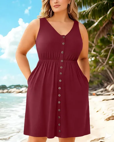 Miniatura 5 de Holipick Vestidos de verano para mujer, talla grande, casual, con bolsillos, acampanado, con botones, sin mangas, cuello en V