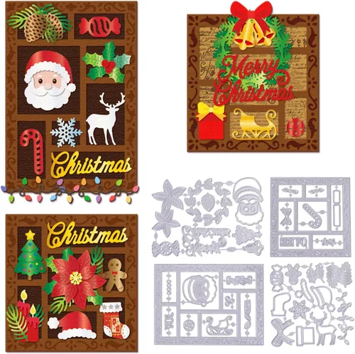 GLOBLELAND Troqueles de corte de marco de Navidad para hacer tarjetas, Papá Noel, flor de pascua, metal, troqueles de tira de luces, plantillas de