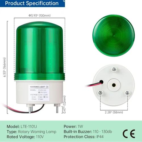 Miniatura 5 de Lámpara de torre de alarma de señal industrial LTE-1101J AC 110V, luz de advertencia estroboscópica giratoria LED con zumbador para emergencia Verde