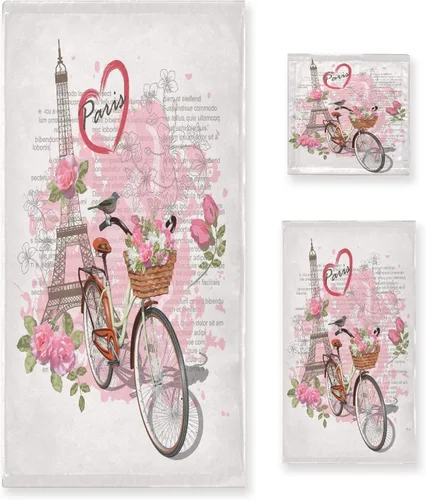 Juego de toallas de baño, póster de viaje de París con torre Eiffel y toallas de bicicleta, 3 piezas, 1 toalla de baño, 1 toalla, 1 toalla de mano,
