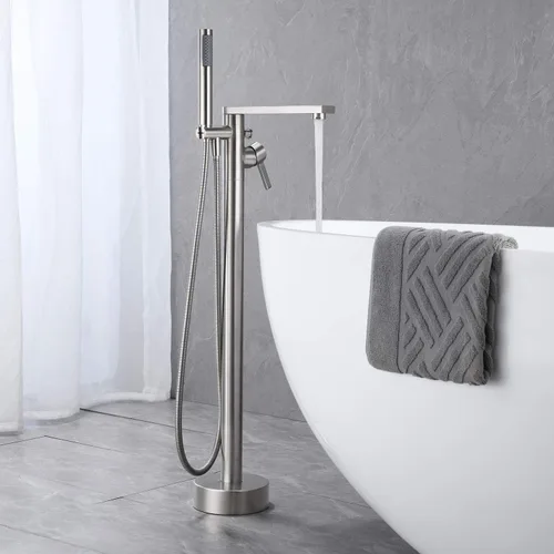 Miniatura 3 de Wowkk Grifo de bañera independiente, relleno de bañera de níquel cepillado, montaje en el suelo, latón de una sola manija, grifos de baño con ducha