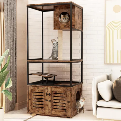 AWQM Caja de arena grande para gatos, torre de árbol de 3 niveles con cuenco de alimentación elevado, postes rascadores, baño oculto, condominio de