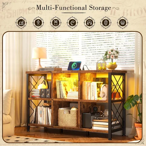 Miniatura 5 de DurayLoly Organizador de almacenamiento de 6 cubos con luz LED y estación de carga, estante de cubos de madera y metal, estante de libros horizontal