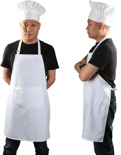 yotache Juego de delantal y sombrero de chef y delantal de cocina para adultos, disfraz de panadero blanco ajustable para hombres y mujeres, 1 juego