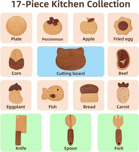 Miniatura 4 de Juguetes de madera para niños Juego de accesorios de cocina de juego de simulación Tabla de cortar de madera y juego de cuchillos de frutas