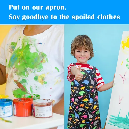 Miniatura 7 de Delantal de Dinosaurio para Niños Varones con Bolsillo, Delantales de Unicornio para Niñas para Cocinar, Pintar, Delantal de Cocina para Niños de 3