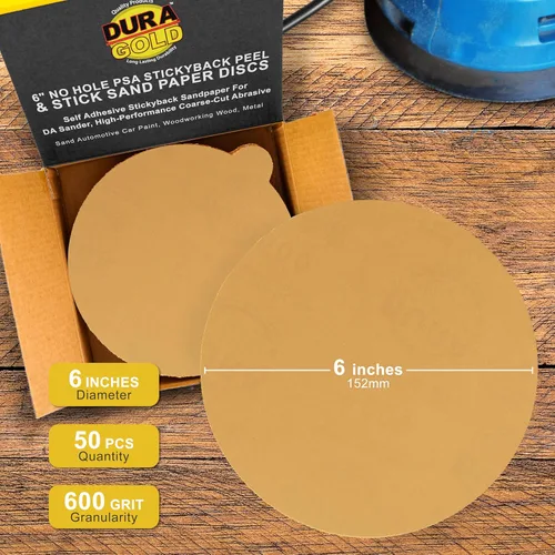 Miniatura 2 de Dura-Gold Discos de lija PSA dorados de 6 pulgadas de alta calidad, grano 600, caja de 50 unidades, papel de lija autoadhesivo para lijadora DA