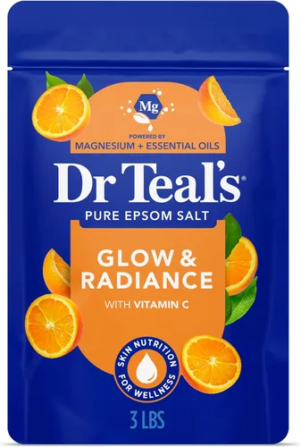 Dr Teal's Sal de Epsom pura de magnesio, brillo y radiancia con vitamina C y aceites esenciales cítricos, 3 libras