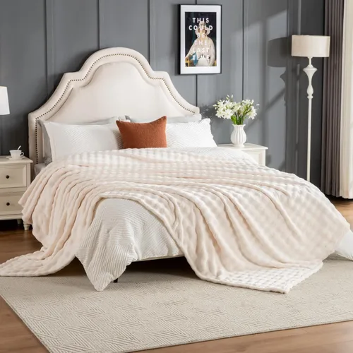Miniatura 28 de Manta de Tiro de Piel Sintética Color Hueso para Sofá, Manta Suave y Esponjosa de Burbujas para Cama y Sofá, Manta Gruesa y Cálida de Felpa Difusa