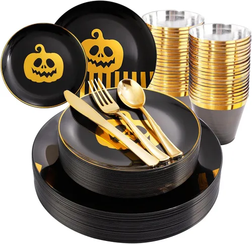Miniatura 11 de KIRE 150 piezas de vajilla de platos para Acción de Gracias con hojas de arce - Platos de plástico para Acción de Gracias con cubiertos dorados