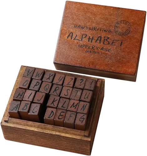 Miniatura 9 de DIYOMR Sellos de letras vintage, sellos de goma de madera, juego de 26 sellos del alfabeto con caja de madera vintage roja antigua para hacer