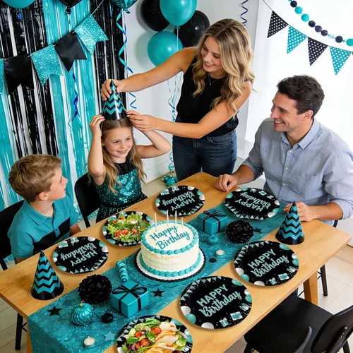 Miniatura 8 de 96 piezas de suministros para fiesta de feliz cumpleaños, decoraciones de color verde azulado y negro, 350 GSM, desechables, turquesa, juego