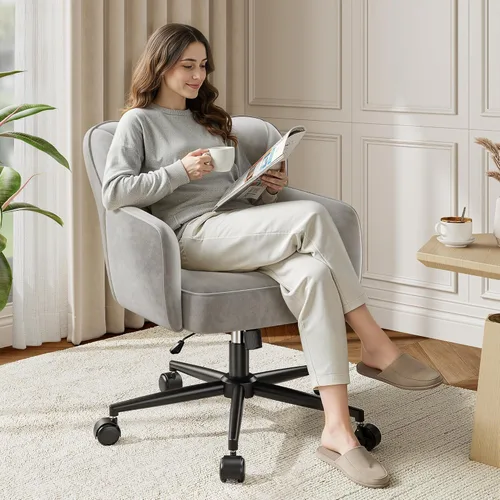 Miniatura 3 de DurayLoly Silla de tocador con ruedas y respaldo, silla de tocador de altura ajustable, sillas de escritorio cómodas para maquillaje, trabajo y Gris