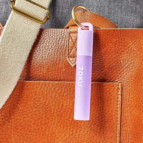 Miniatura 5 de ZOKU Popote de metal reutilizable con estuche para viajes, color morado, popote plegable de acero inoxidable con punta de silicona y cepillo Púrpura