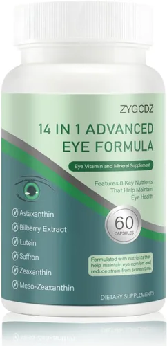 Suplemento avanzado de vitaminas para los ojos 14 en 1 con luteína, zeaxantina, extracto de arándano y zinc para adultos, apoya la visión, la mácula