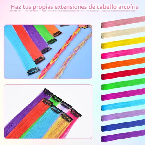 Miniatura 8 de Regalo del Día de San Valentín para Niña, Juguete de 24 Piezas de Extensiones de Cabello con Clip de Colores para Edades 4, 5, 6, 7, 8-10-12 Años