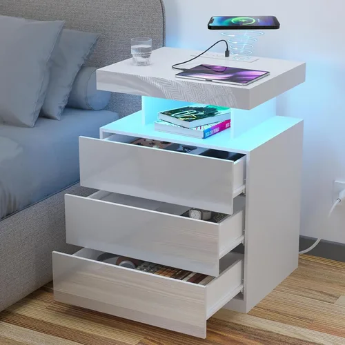 Miniatura 16 de HOMMPA - Mesita de noche LED con estación de carga inalámbrica y puertos USB, mesa de noche moderna, mesita de noche de 3 cajones con compartimento