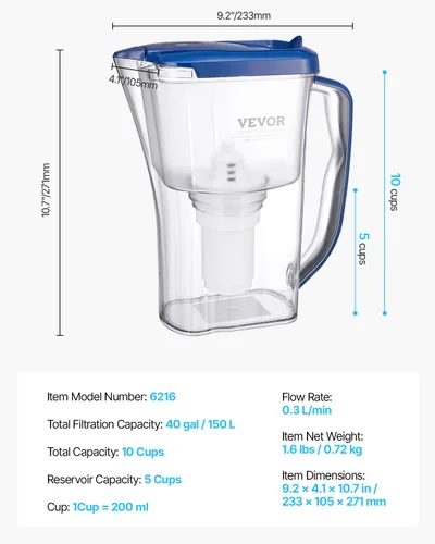 Miniatura 7 de Jarra con Filtro de Agua VEVOR, Dispensador de Filtro de Agua de 5 Etapas de 9 Tazas, Sistema de Filtración Rápida con Indicador de Cambio