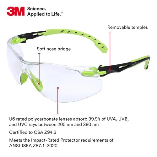 Miniatura 2 de 3M Gafas de seguridad, Solus 1000, S1201SGAF, ANSI Z87, lente antivaho Scotchgard, marco verde/negro, media montura, varillas acolchadas, puente