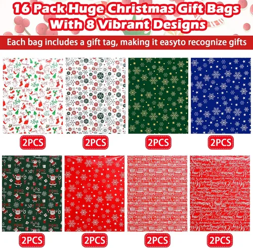 Miniatura 4 de Abbylike 16 bolsas de regalo de Navidad extra grandes de 44 x 36 pulgadas, bolsas gigantes de gran tamaño con etiquetas para regalos navideños