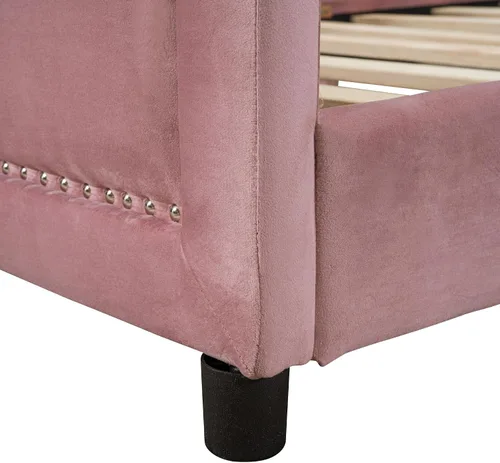 Miniatura 6 de Linique Base de cama tapizada de terciopelo de tamaño individual con ribete de clavos y cabecera en forma de rayas, cama clásica sin necesidad