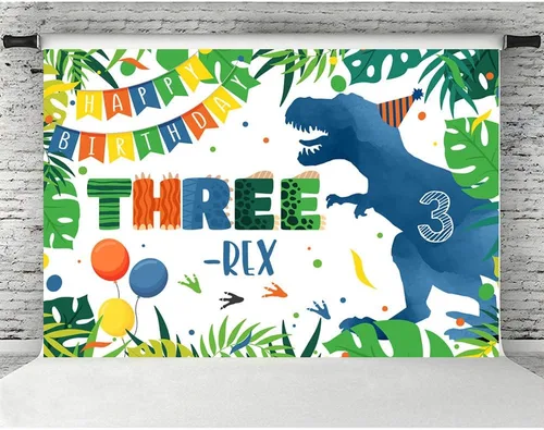Miniatura 4 de Telón de fondo de tercer cumpleaños de dinosaurio azul de 5 x 3 pies, dibujos animados de tres rex, hojas de palma verdes, fondo de fotografía