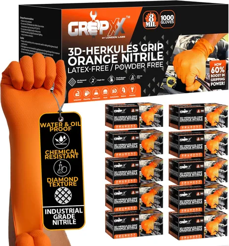GRIPXX Herkules Grip Guantes de nitrilo de 8 mils de alta resistencia naranja, textura de diamante 3D elevada - Sin látex y polvo - Industriales,