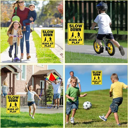 Miniatura 7 de Zonon 4 letreros de seguridad para niños en juego con alambre de metal con estacas en H de precaución para niños en el juego, letreros reflectantes