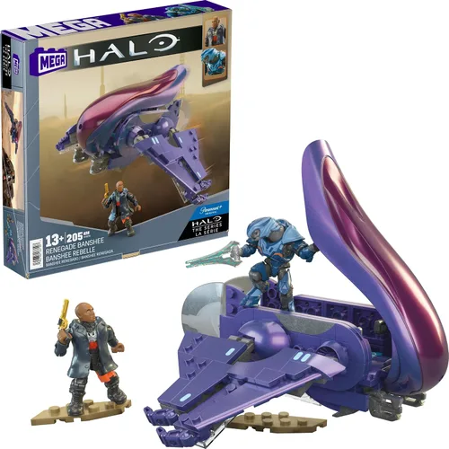 MEGA Halo The Series - Juego de juguetes de construcción de vehículos, avión Renegade Banshee con 205 piezas, 2 micro figuras de acción, morado,
