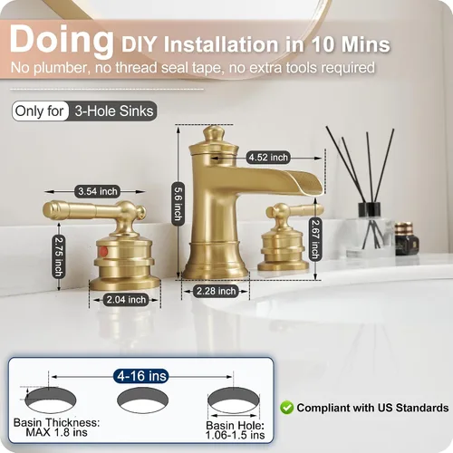 Miniatura 6 de Grifo de Baño Dorado Cascada, Grifos de Baño de Latón de 4-16 Pulgadas 3 Agujeros, Extendido 2 Manijas con Manguera de Agua Preinstalada y Desagüe