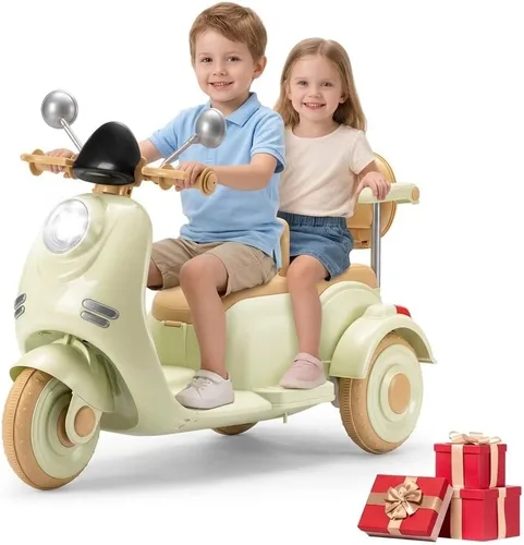 Motocicleta eléctrica de 2 plazas para niños de 6 V, juguete de 3 ruedas con compartimentos de almacenamiento, USB, faros delanteros y Bluetooth,