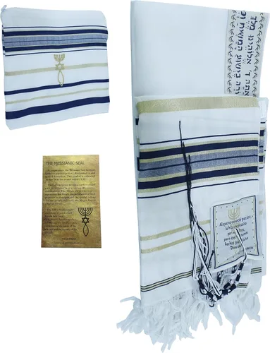 Miniatura 2 de Holy Land Market El Tallit - Manto (Mantón) de oración mesiánico - Talit con versículos dela Bibliaesquinas españolas (S) (azul oscuro, S), azul