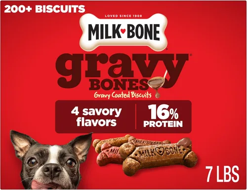 Milk-Bone Gravy Bones - Golosinas para perros con 4 sabrosos sabores de carne recubiertos en salsa, 7 libras