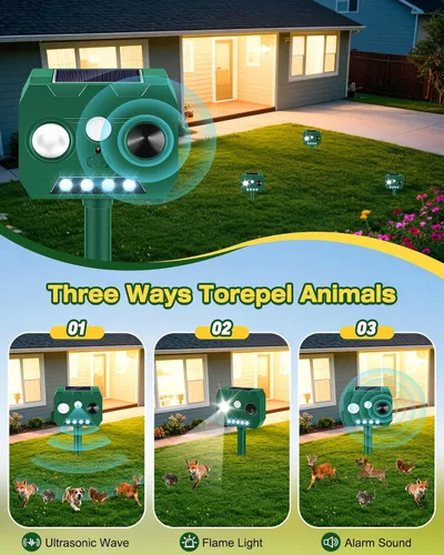 Miniatura 5 de Repelente solar ultrasónico de animales al aire libre, paquete de 2 repelentes de ciervos para exteriores con sensor de movimiento PIR y flash LED