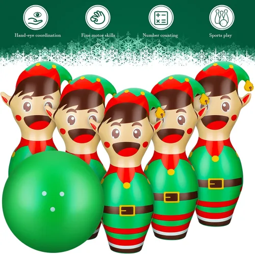 Miniatura 4 de Wettarn Juego de bolos inflables gigantes de Navidad de 27 pulgadas, juego inflable de elfo para niños y adultos, juegos de fiesta de Navidad