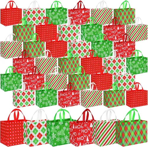 Miniatura 7 de Sanwuta 24 Bolsas de Navidad a Granel para Regalos 12.8 x 9.8 x 6.7 Pulgadas Bolsas Grandes de Transporte para Comestibles con Asas Rojas Verdes a