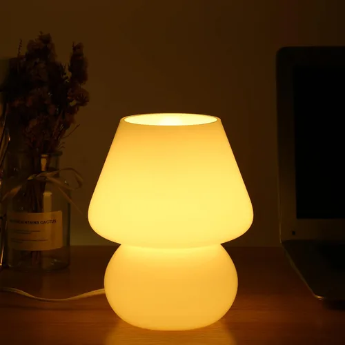 Lámpara de hongo, lámpara de mesa de noche de cristal de hongo, translúcida, estilo Murano vintage, a rayas, pequeña mesita de noche, lámpara de