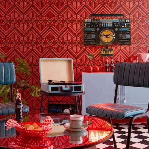 Reloj de pared de metal retro Boombox – Estilo reproductor de casete de los años 80 – Péndulo de cinta oscilante – Decoración musical colorida –