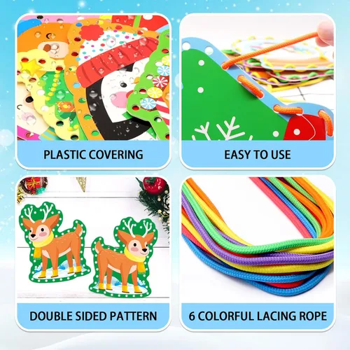 Miniatura 6 de Tarjetas de encaje de animales de invierno, 12 paquetes de kits de costura para niños, tarjetas de costura de cartón de Navidad, juegos de cordones