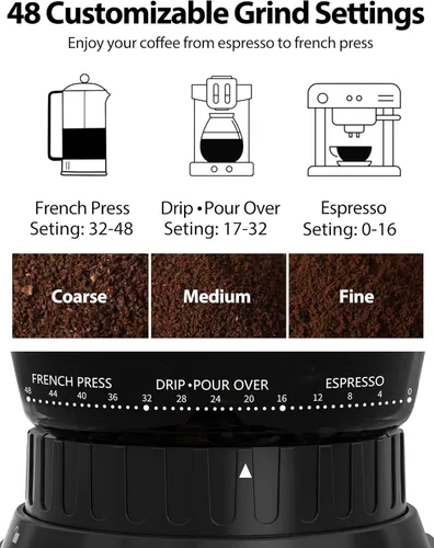 Miniatura 2 de Aromaster Molinillo de Frijoles de Café con 48 Configuraciones de Molienda, Molinillo de Café de Rebaba Cónica para Uso Doméstico, Acero Inoxidable