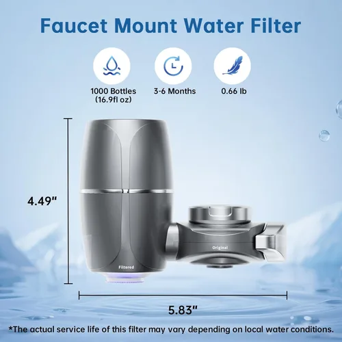Miniatura 4 de Filtro de agua para grifo, filtro de fregadero con NSF42 y luz azul, 99.9% filtro plegado multicapa, elimina cloro, olor y metales pesados, 1