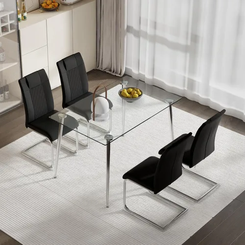 Miniatura 29 de Juego de mesa de comedor en blanco y negro de 51 pulgadas para 4, mesa de cristal minimalista moderna y 4 sillas tapizadas de piel sintética