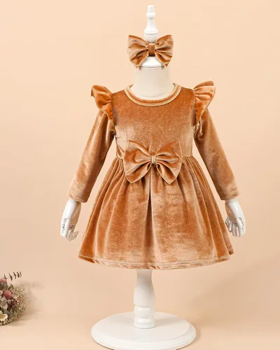 Miniatura 2 de Kucnuzki Vestido de terciopelo para niña pequeña, vestido de terciopelo sólido para niña, vestido de princesa casual para fiesta de otoño