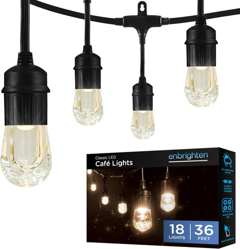 Enbrighten 31660 - Cadena de luces LED clásicas para cafetería, color negro, 12 pies de longitud, 6 bombillas resistentes a los impactos,