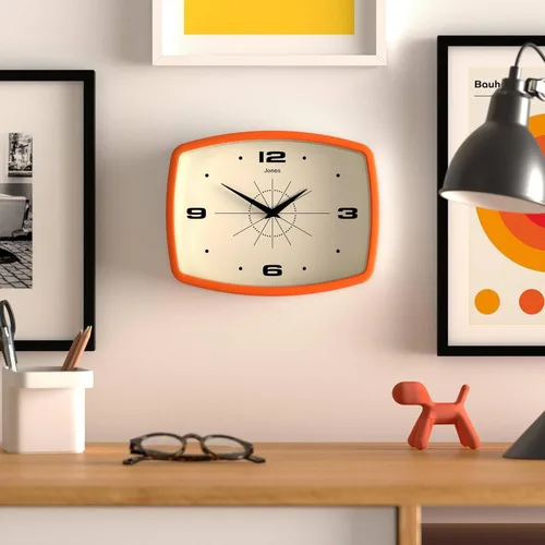 Miniatura 3 de JONES CLOCKS® Reloj de pared de película Reloj retro rectangular 10 pulgadas Naranja Aspecto de diseñador fresco de mediados de siglo