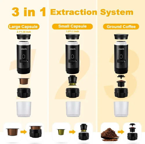 Miniatura 4 de Cafetera portátil 3 en 1 para viajes, 20 bares portátil con USB, cafetera de viaje autocalentable, compatible con café molido y cápsulas